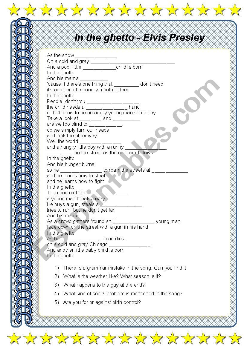 In the Guetto - Elvis Presley worksheet