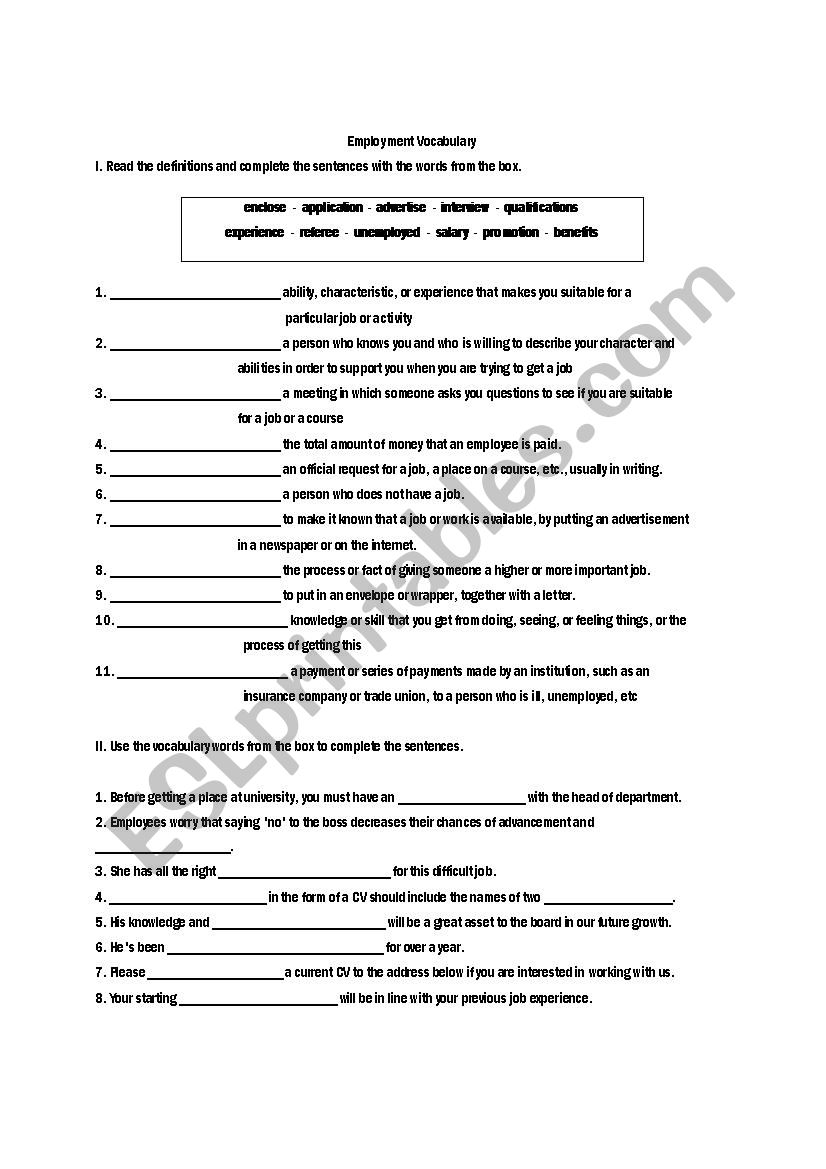 EMPLOYMENT VOCABULARY worksheet