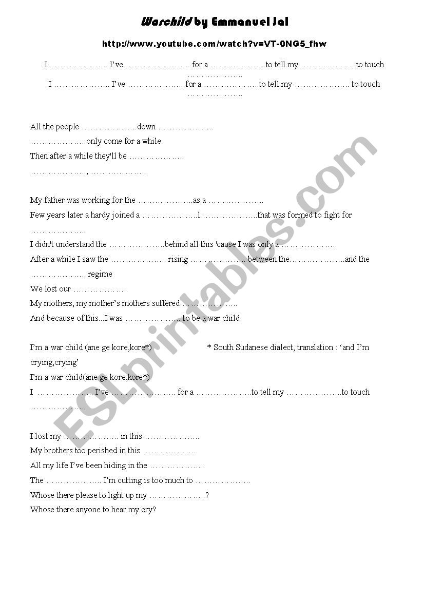 War Child worksheet