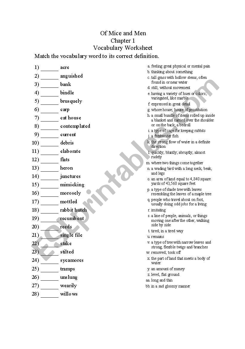 Of Mice and Men Chapter 1 Vocabulary Worksheet