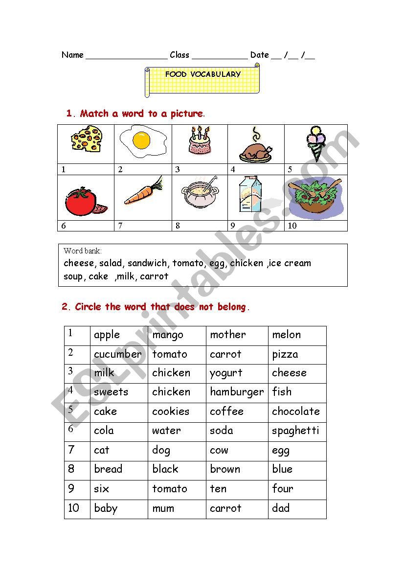 food vocabulary worksheet