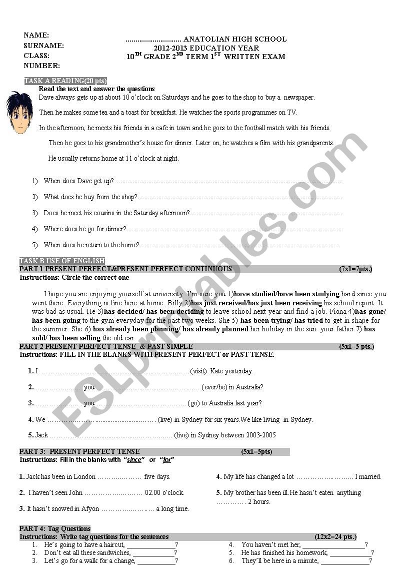 10th grade 2nd term 1st exam worksheet