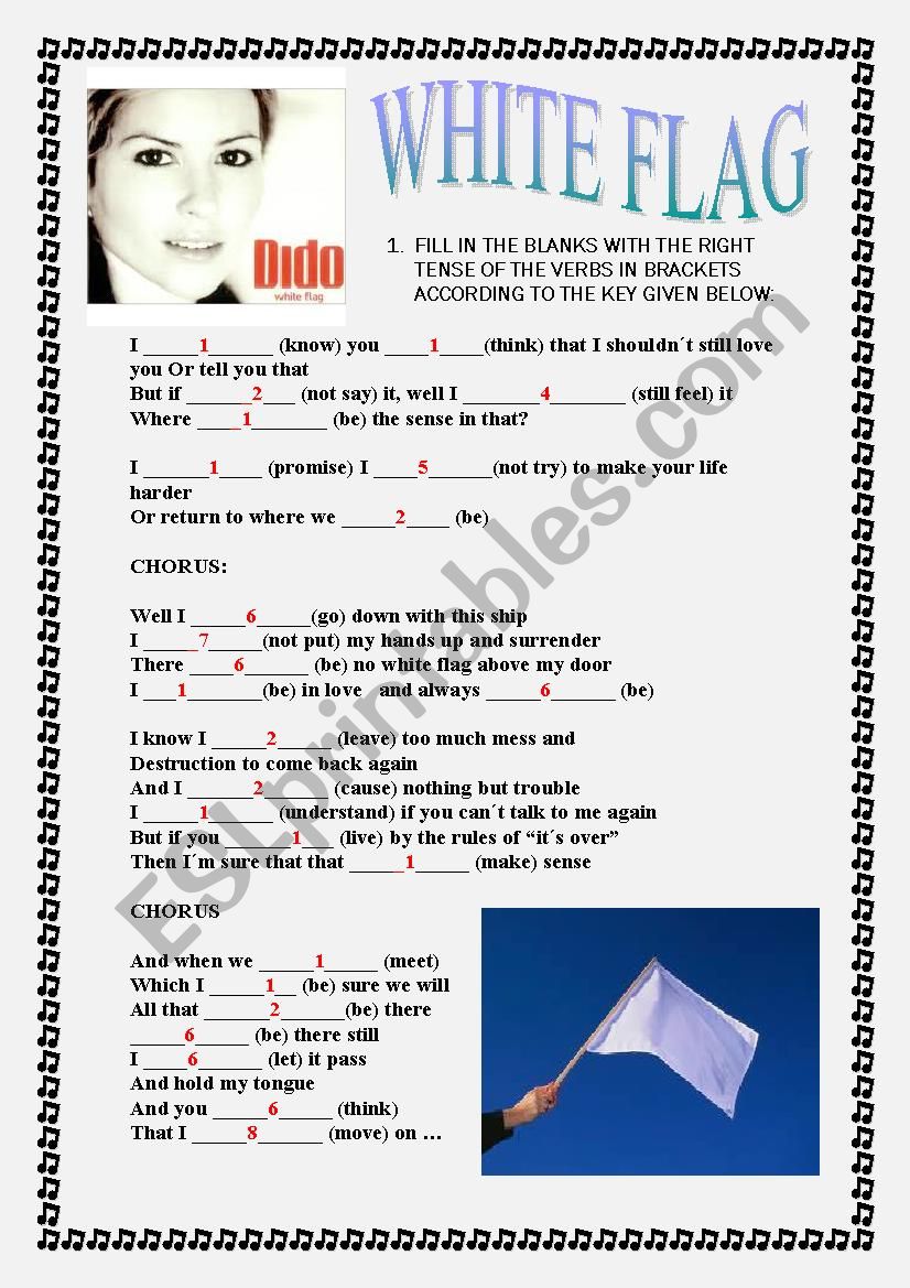 The song WHITE FLAG by DIDO worksheet