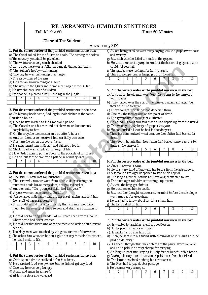 Rearranging Sentences worksheet