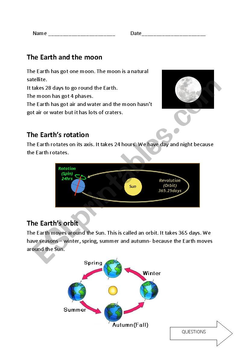 THE MOON, THE SUN AND THE EARTH - READING COMPREHENSION