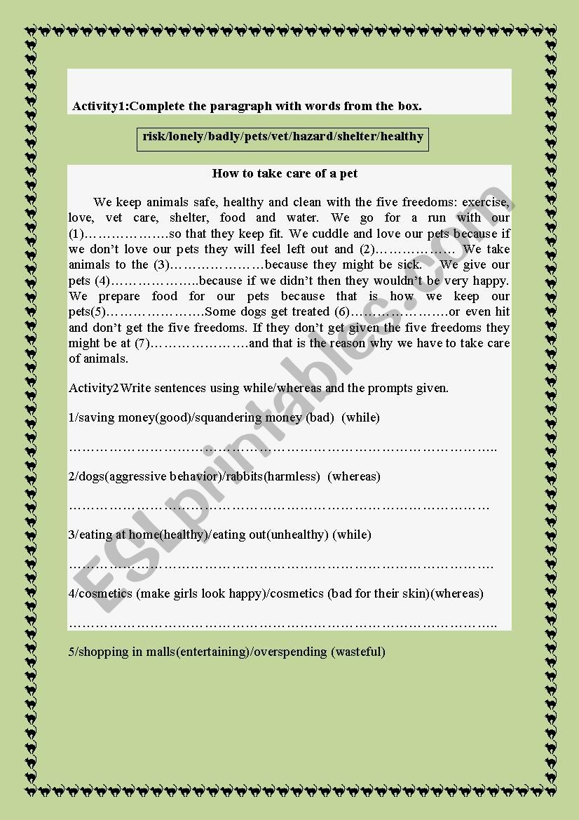 how to take care of pets worksheet