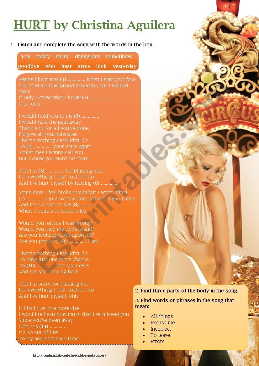 Hurt by Christina Aguilera worksheet