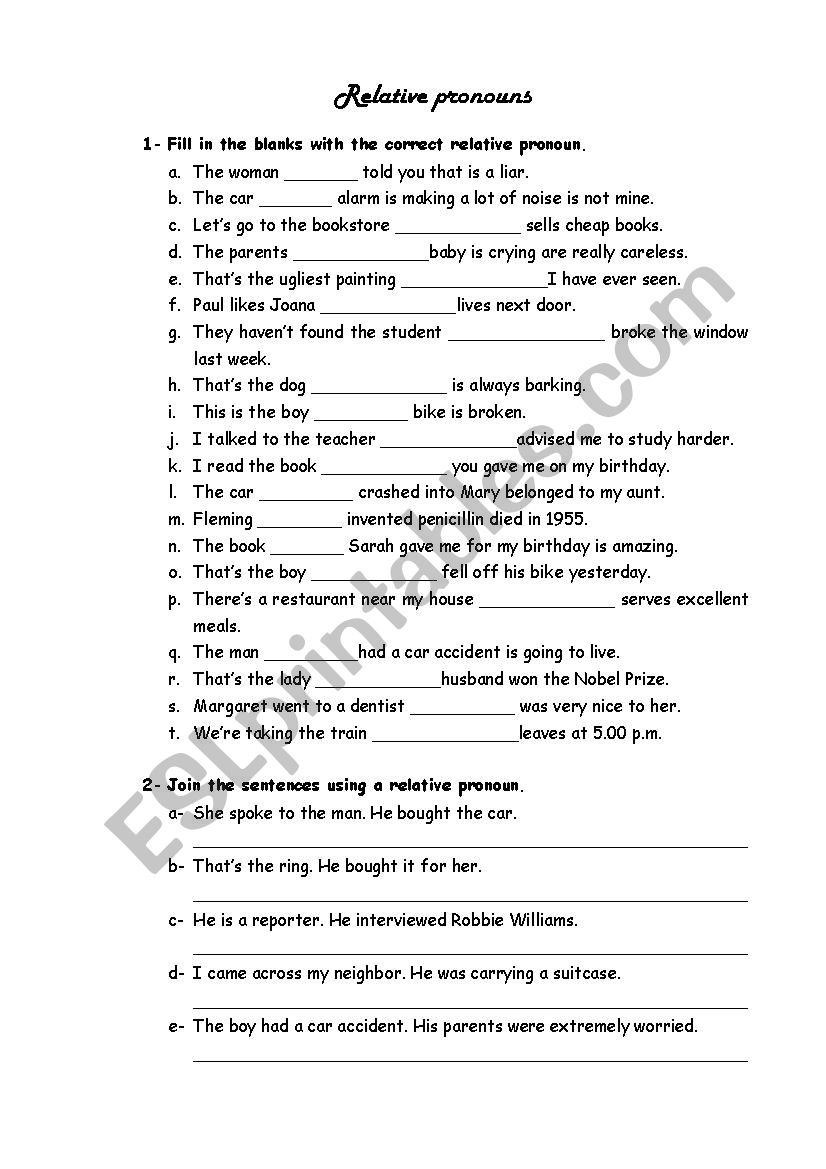 Relative pronouns worksheet