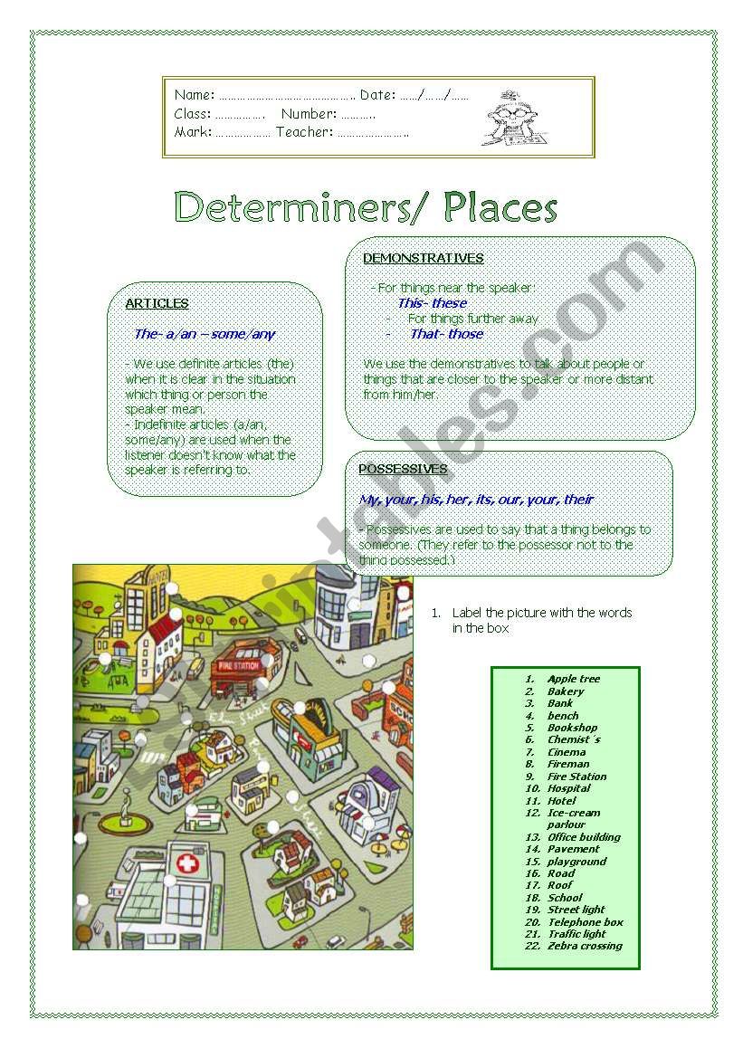 Determiners/Places worksheet