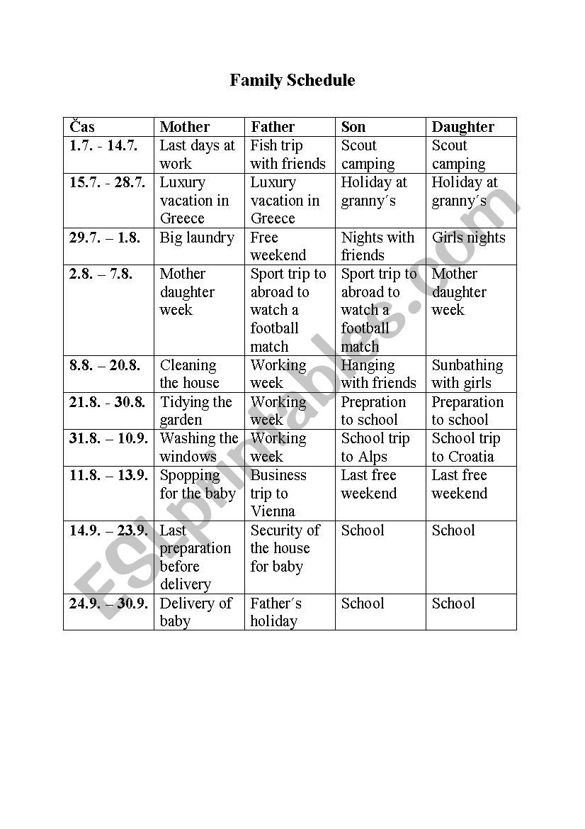 Family schedule worksheet