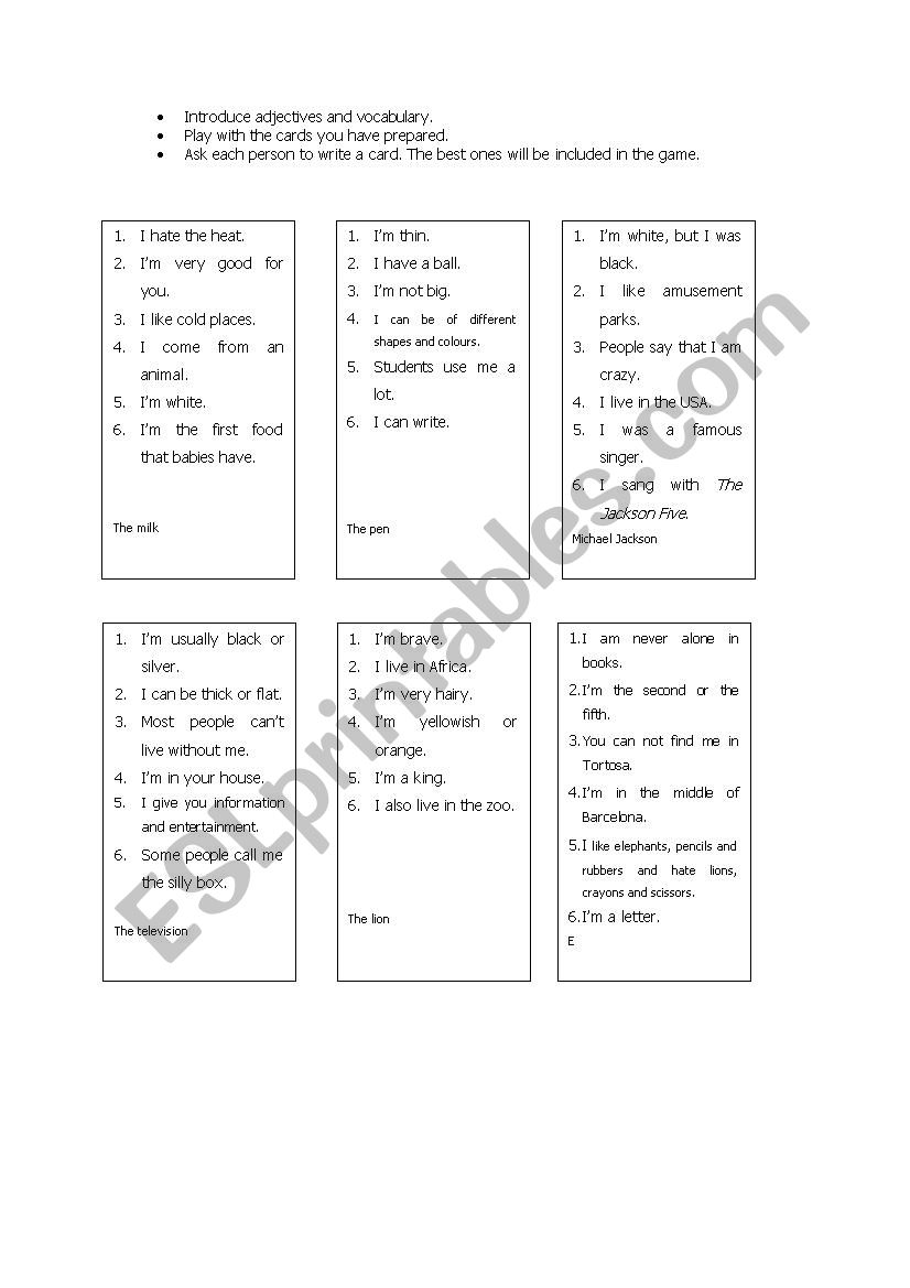 6 clues game worksheet