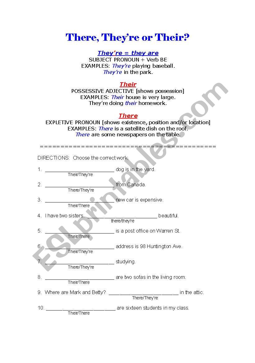 Theyre?  There?  Their? worksheet