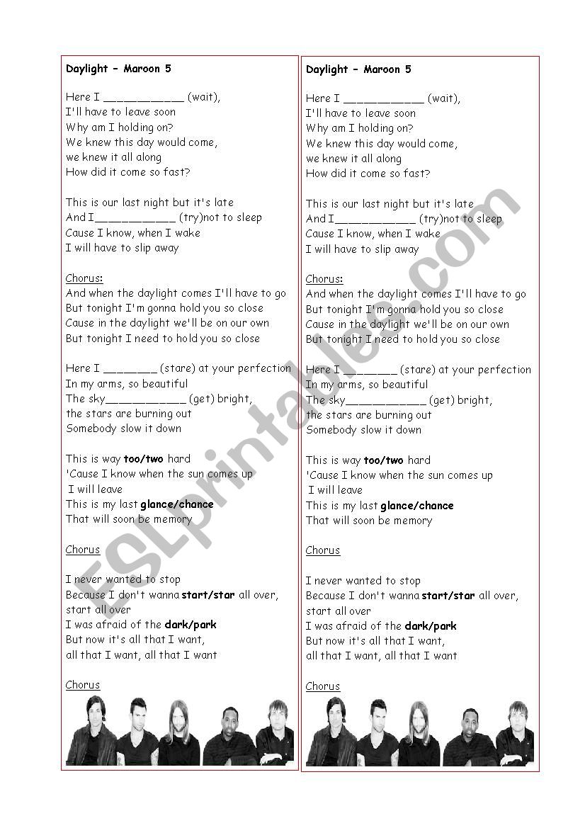 Daylight by Maroon 5 worksheet