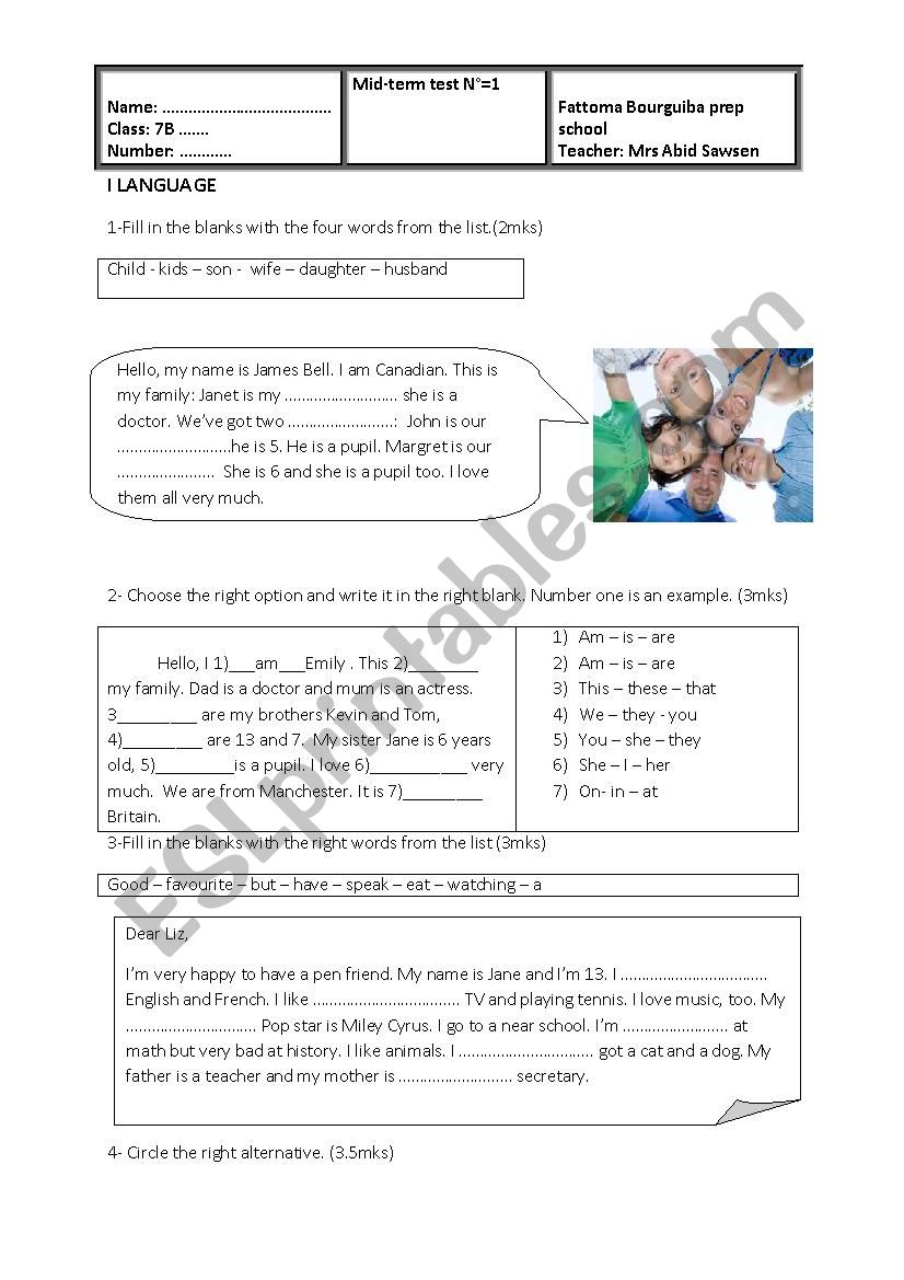 7th form Mid term test 1 worksheet