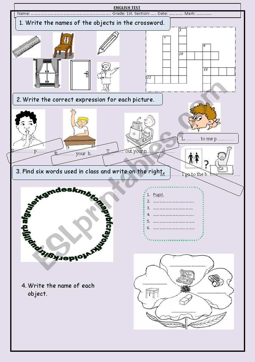 english test for school items and class expressions