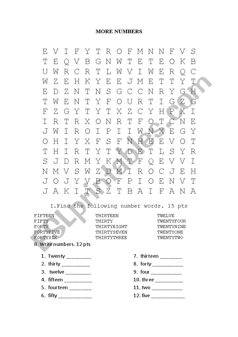 MORE NUMBERS worksheet