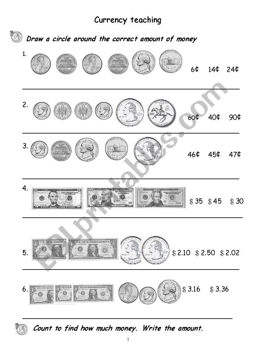 currency teaching excises worksheet