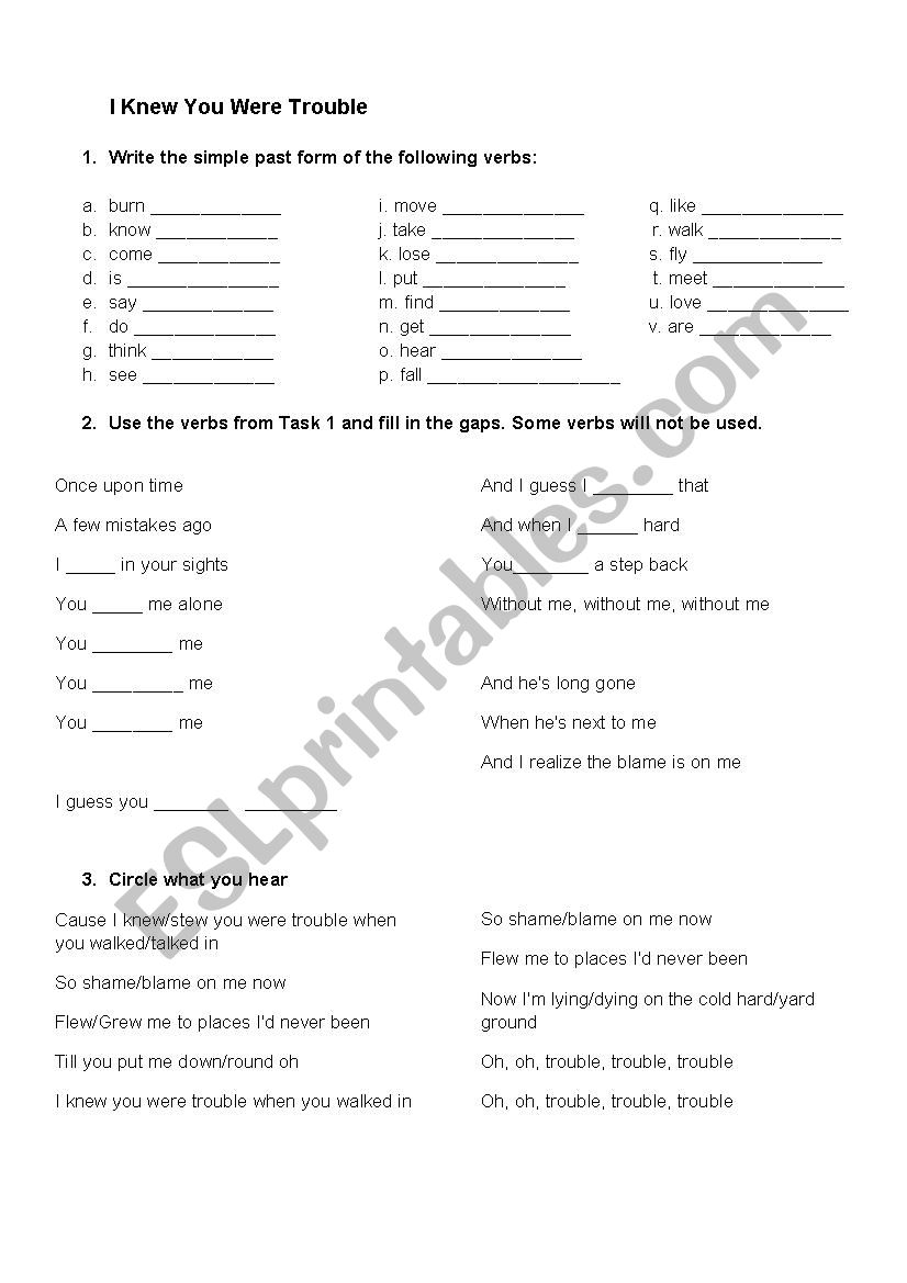 I knew you were trouble worksheet