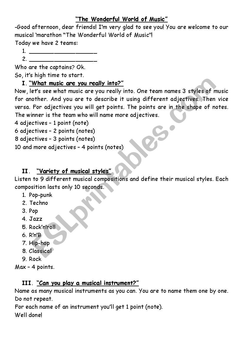 The wonderful world of music worksheet