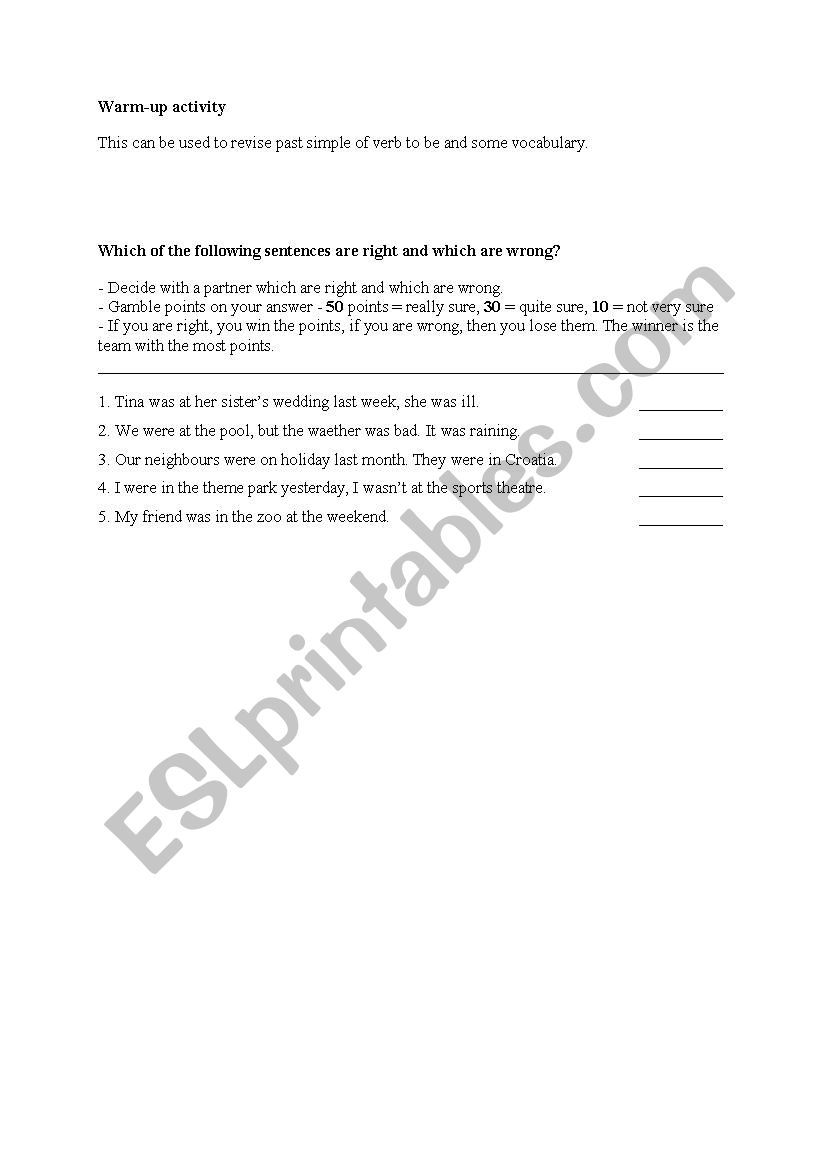 Was/were warm up activity worksheet