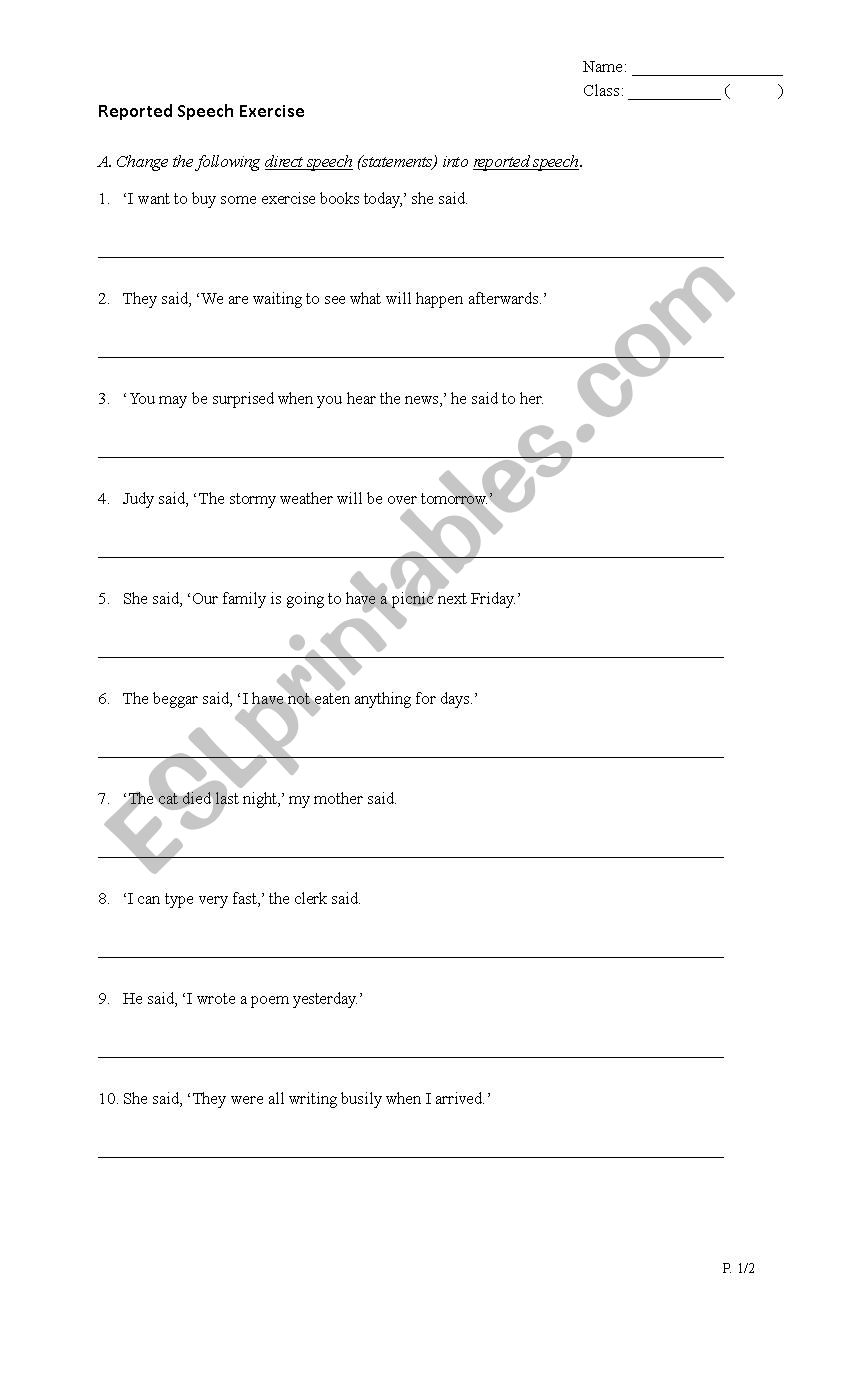 Reported speech  worksheet