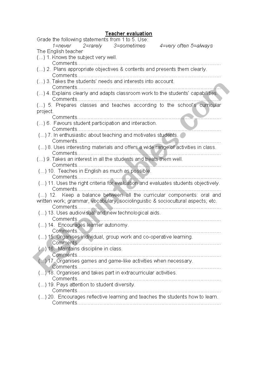 teacher evaluation worksheet