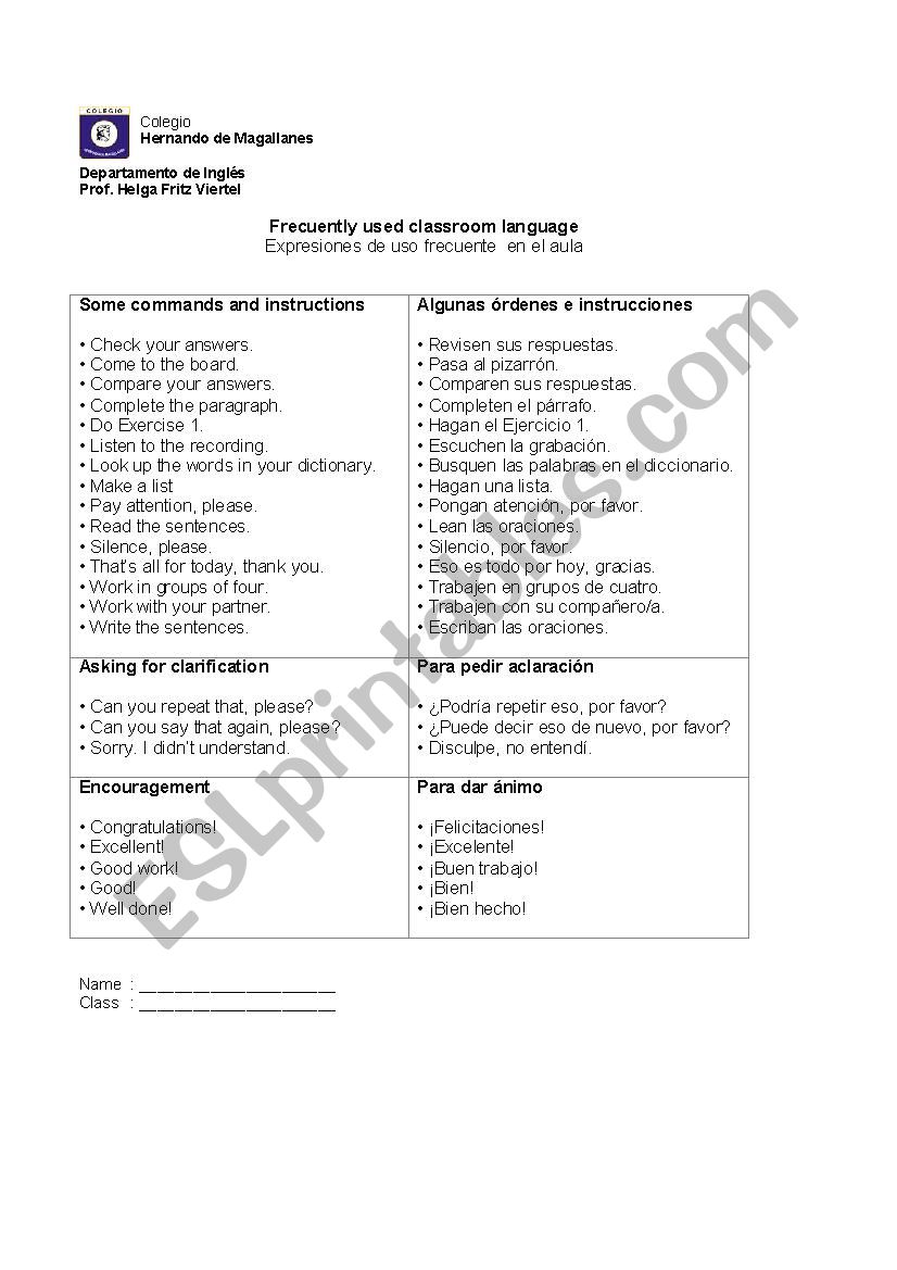 Classroom Language worksheet