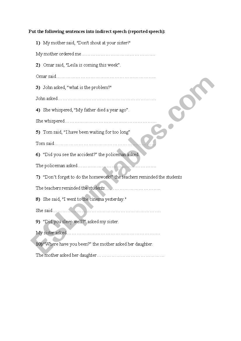 report speech worksheet