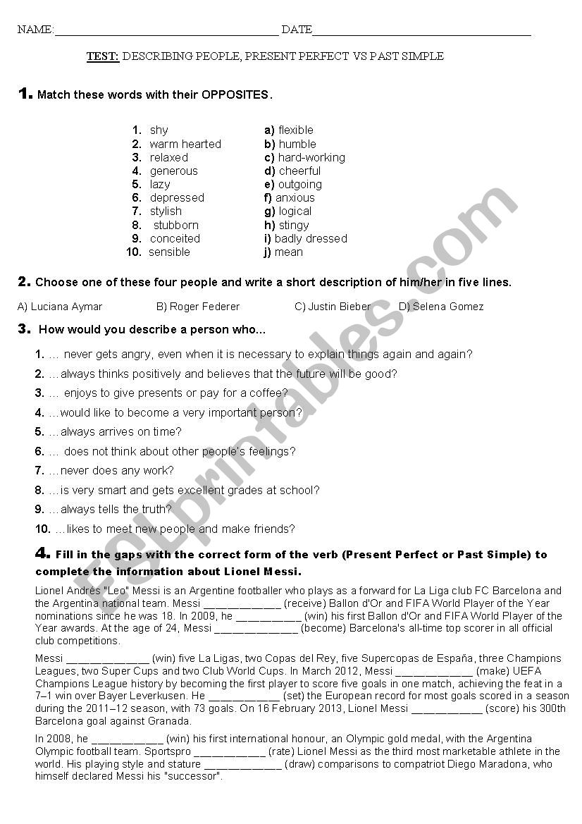 Test on Personality Vocabulary and Revision of tenses