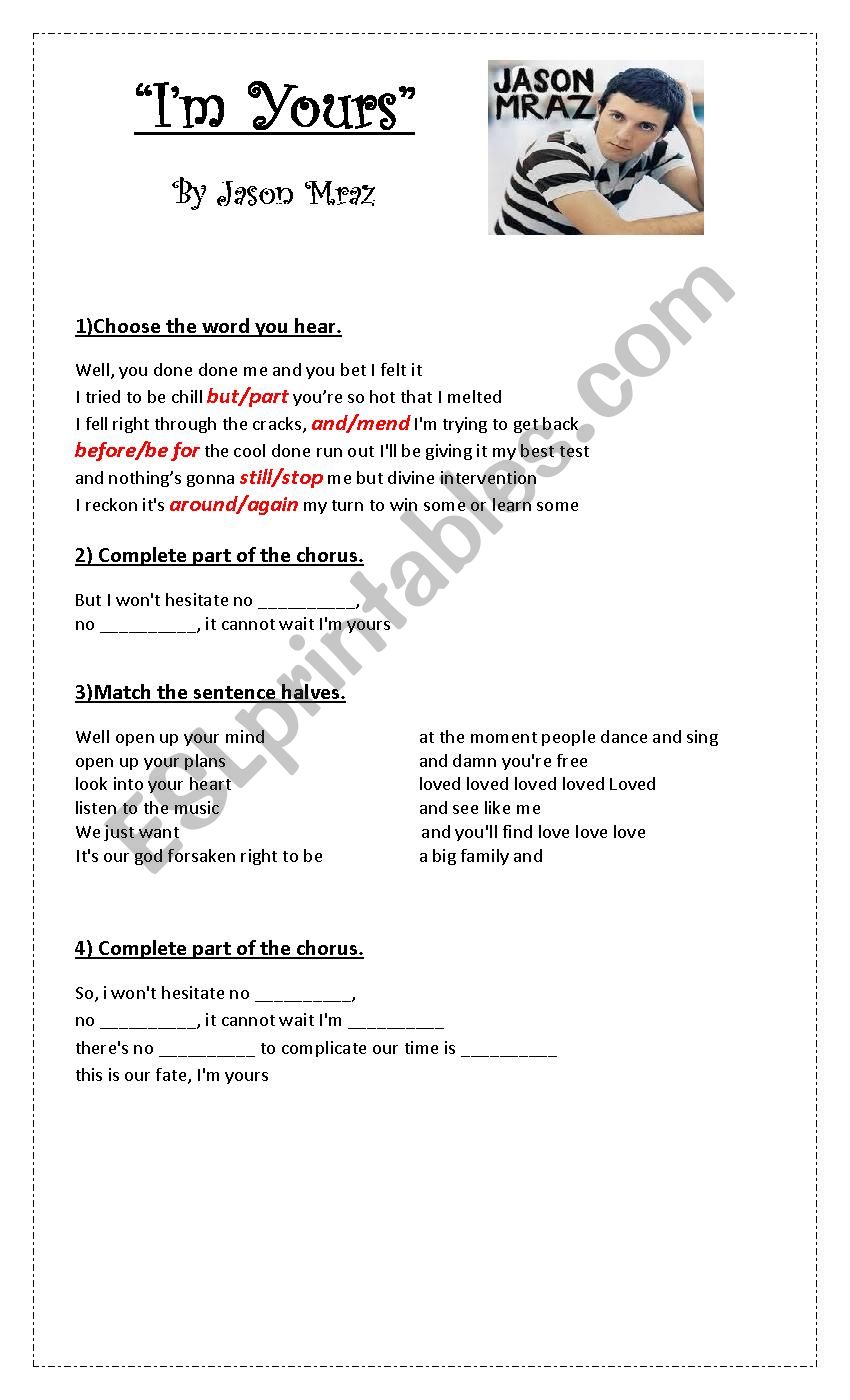 Im yours by Jason M. SONG worksheet