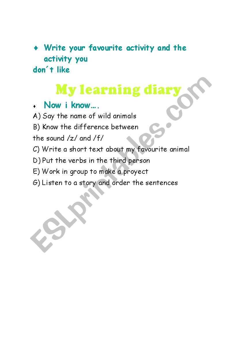 My learning diary worksheet