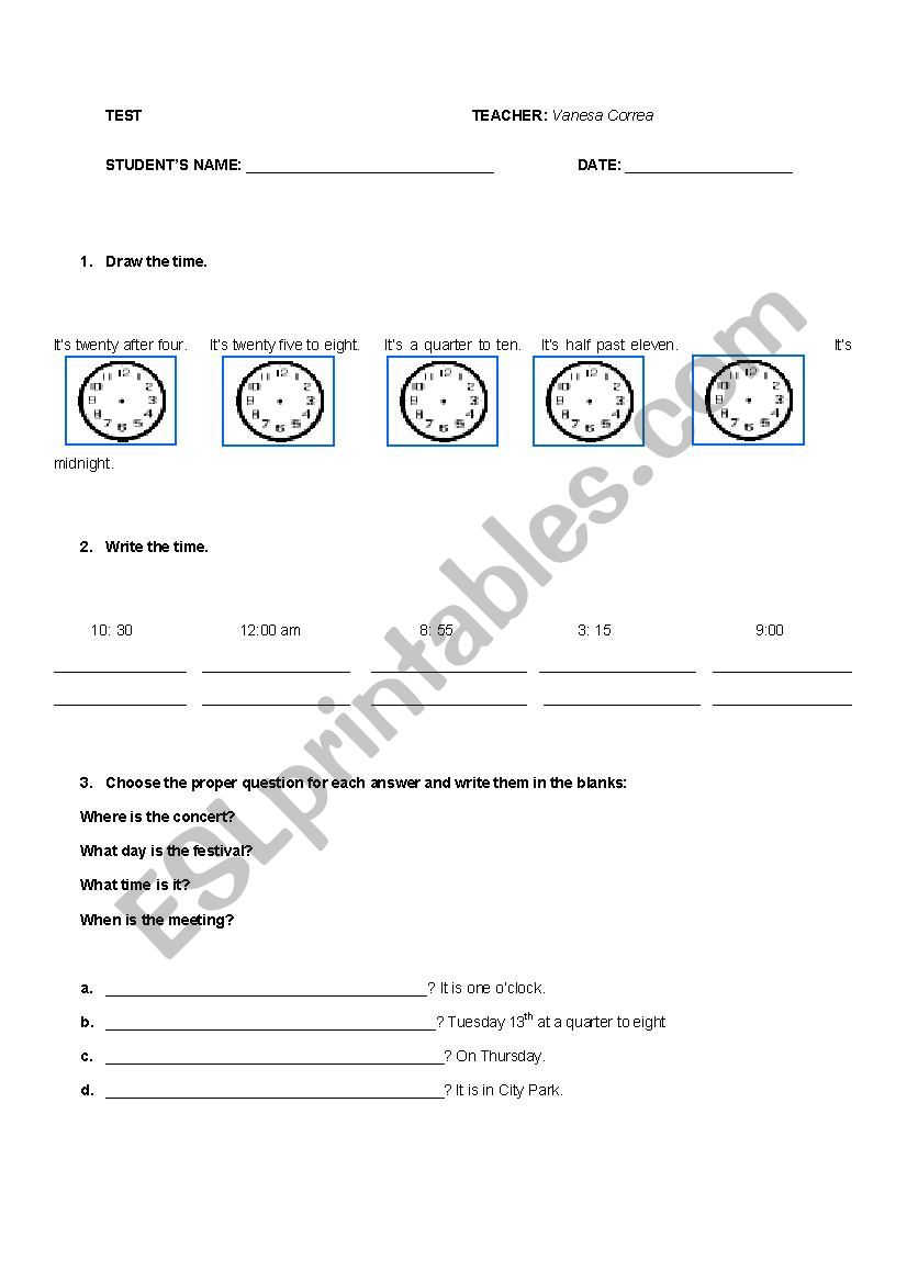Time test worksheet