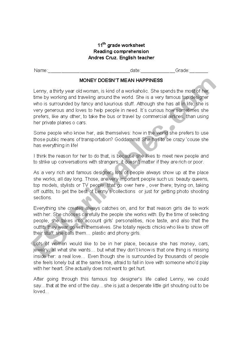 money doesnÂ´t mean happiness worksheet
