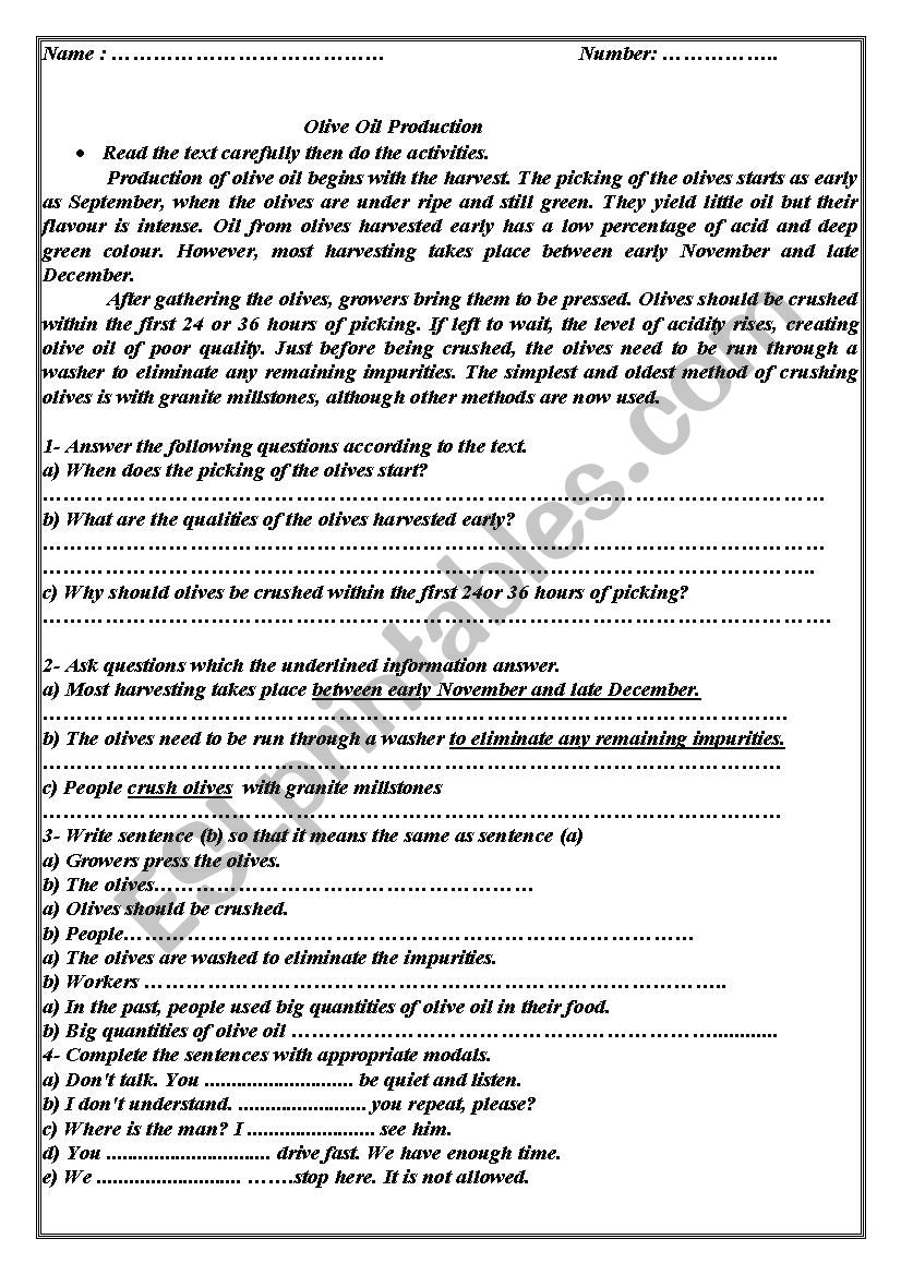 Olive Oil Production worksheet