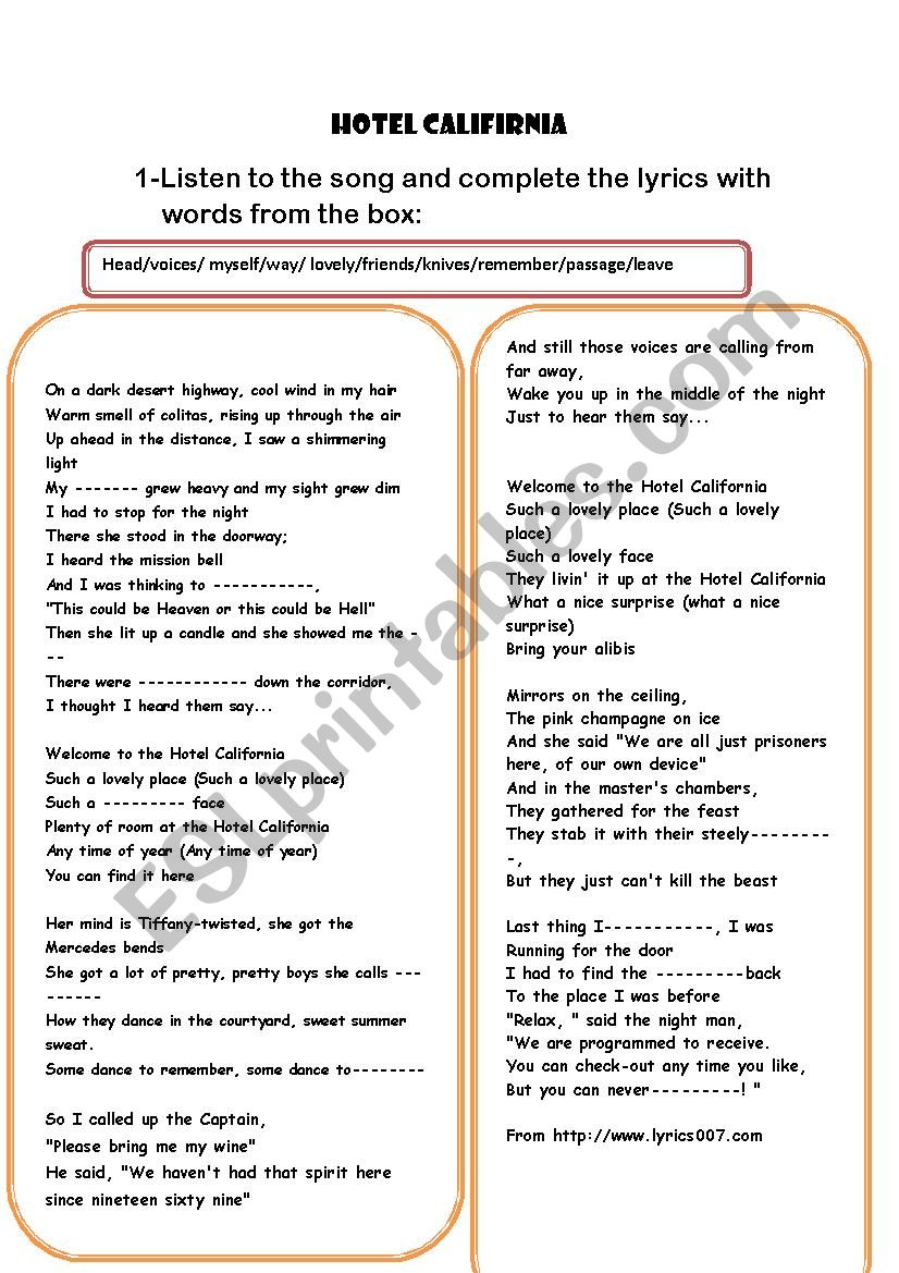 hotel california ( eagles) gap filling activity