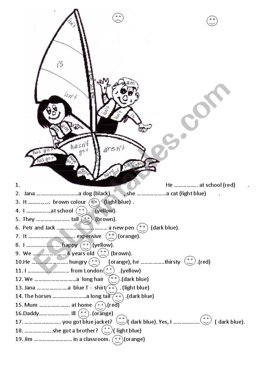 Colour the picture and revise verbs to be and have got.