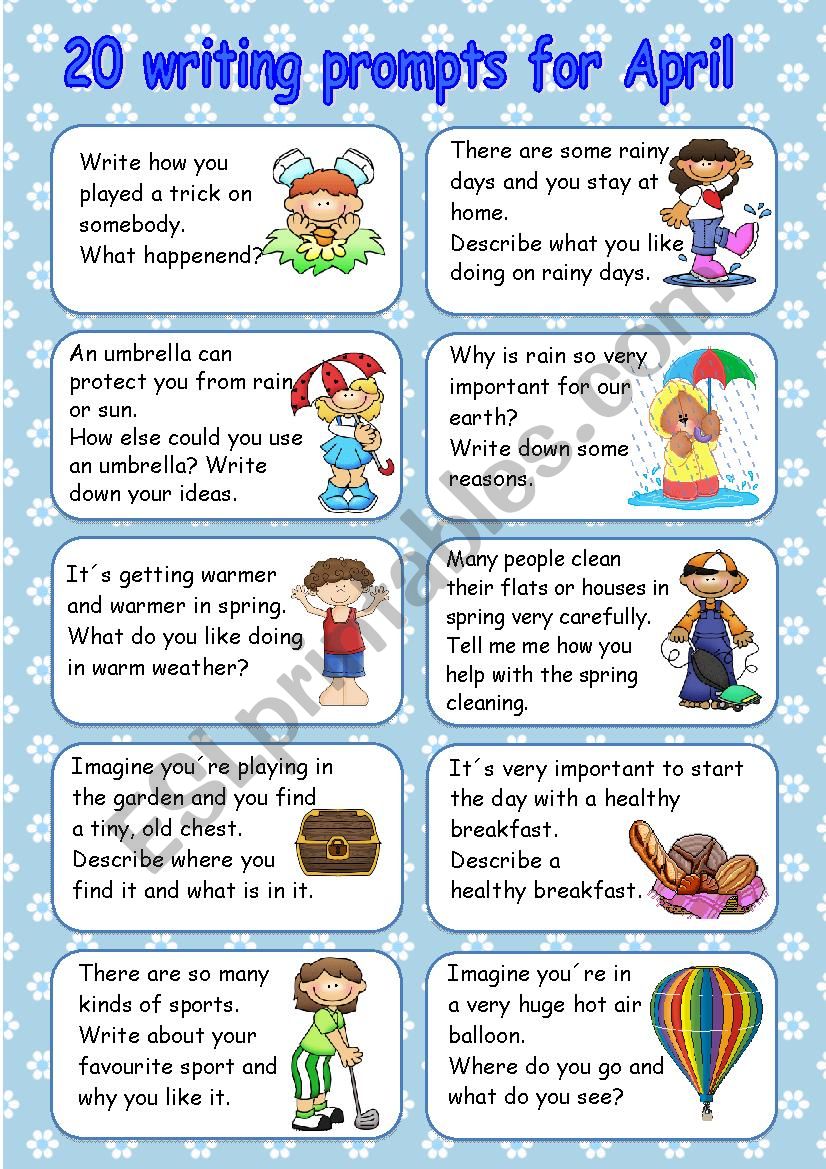  20 writing prompts for April worksheet