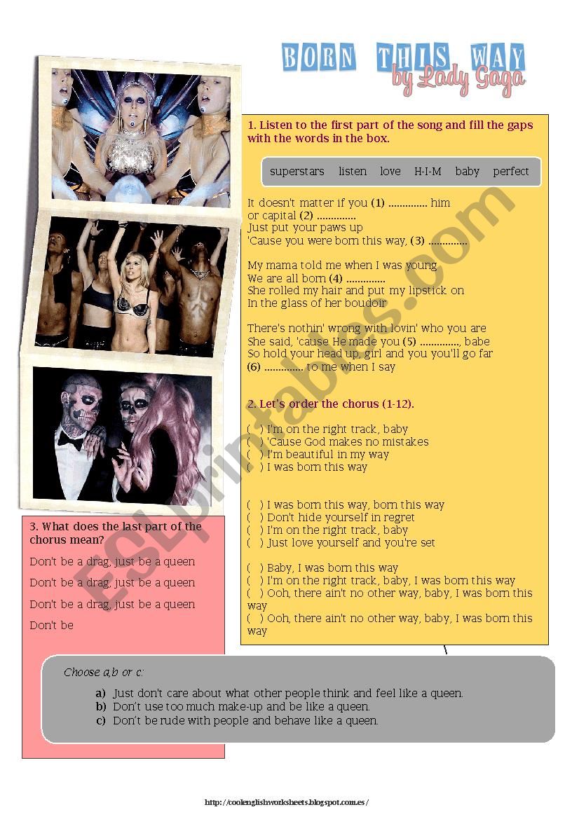 Born This Way by Lady Gaga worksheet