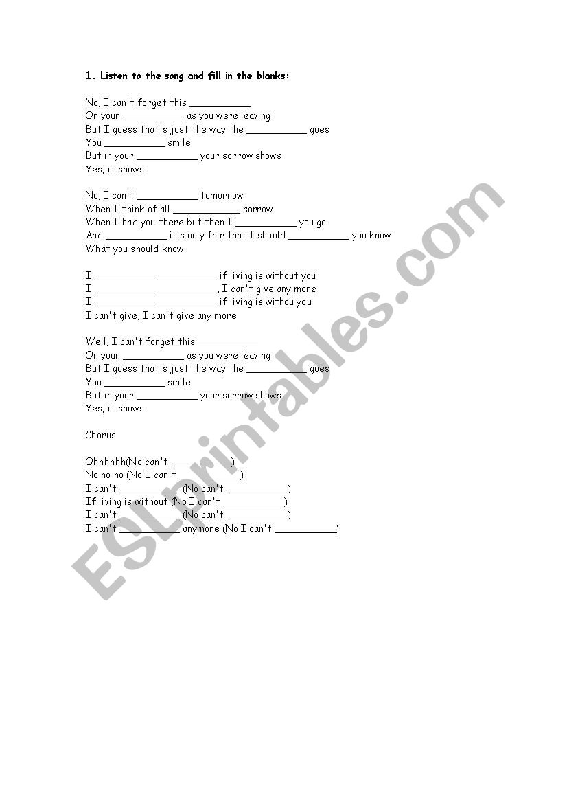 Song lyrics - ESL worksheet by josephd123