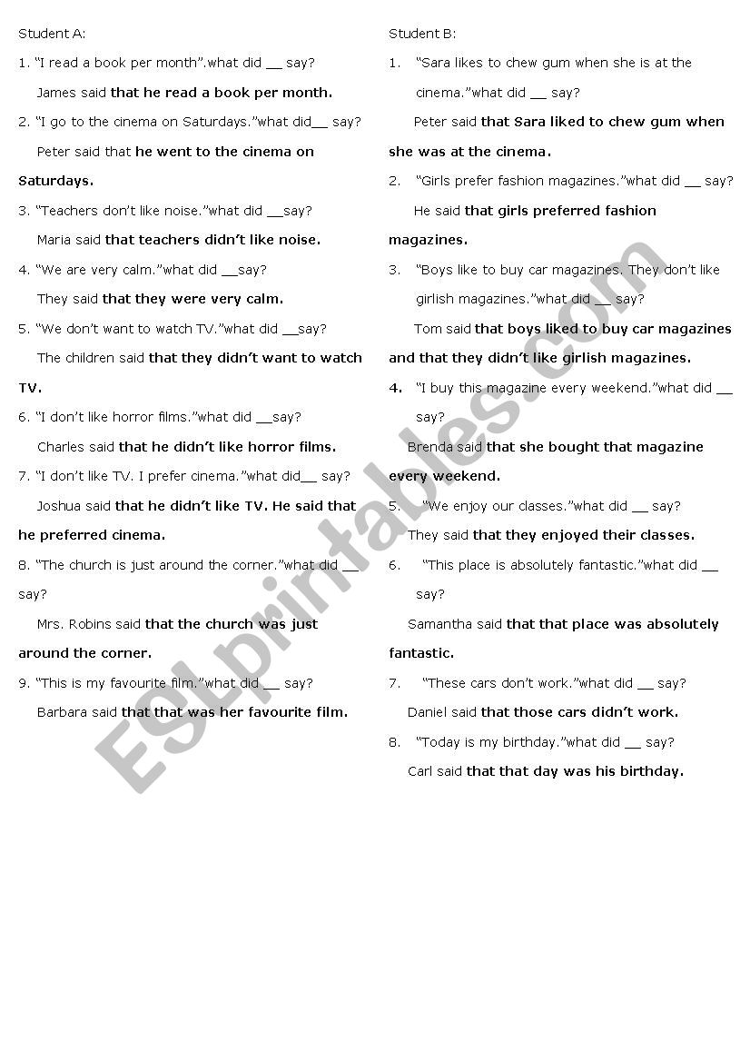 reported speech worksheet