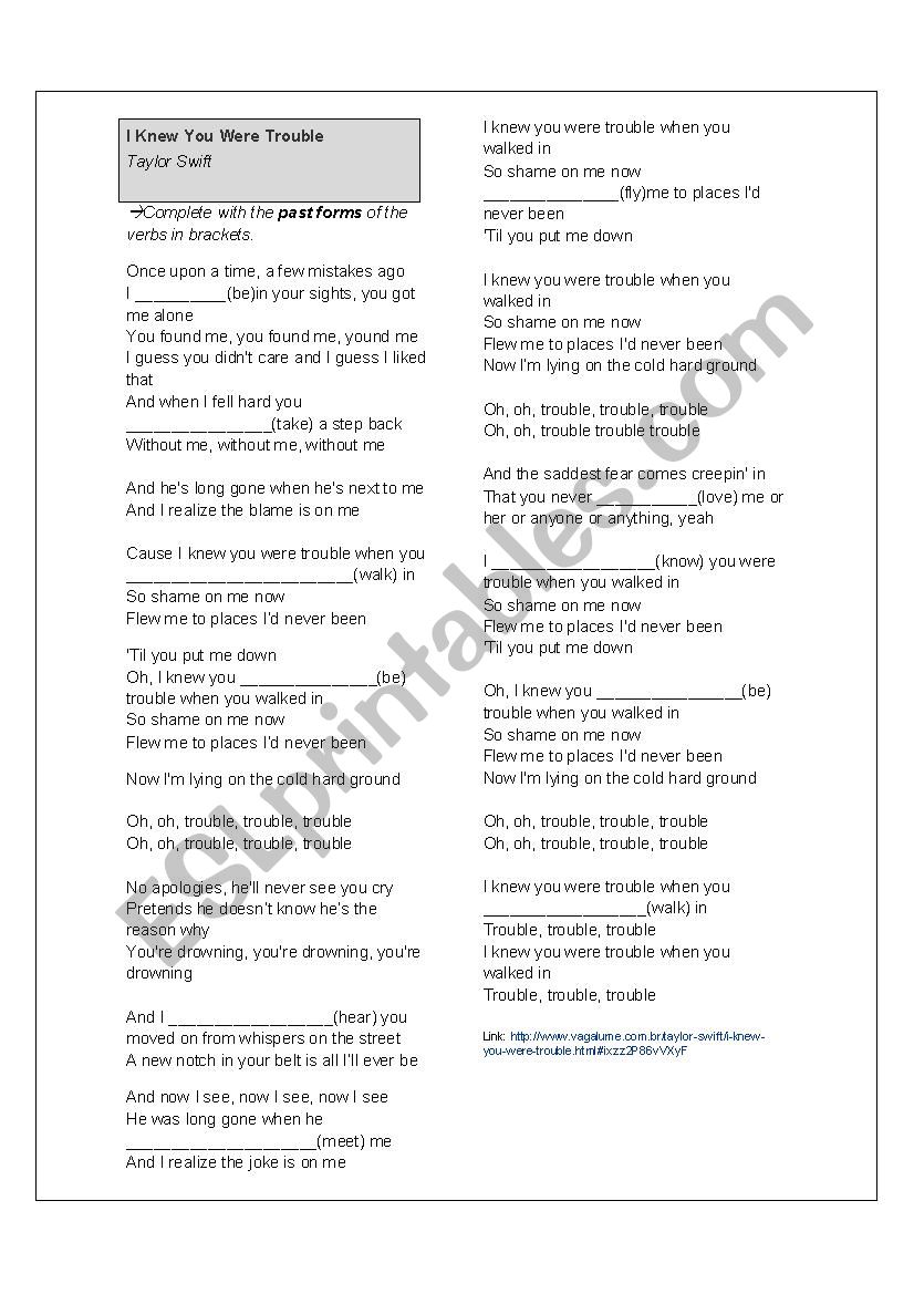 I Knew You Were Trouble - Taylor Swi…: English ESL worksheets pdf & doc