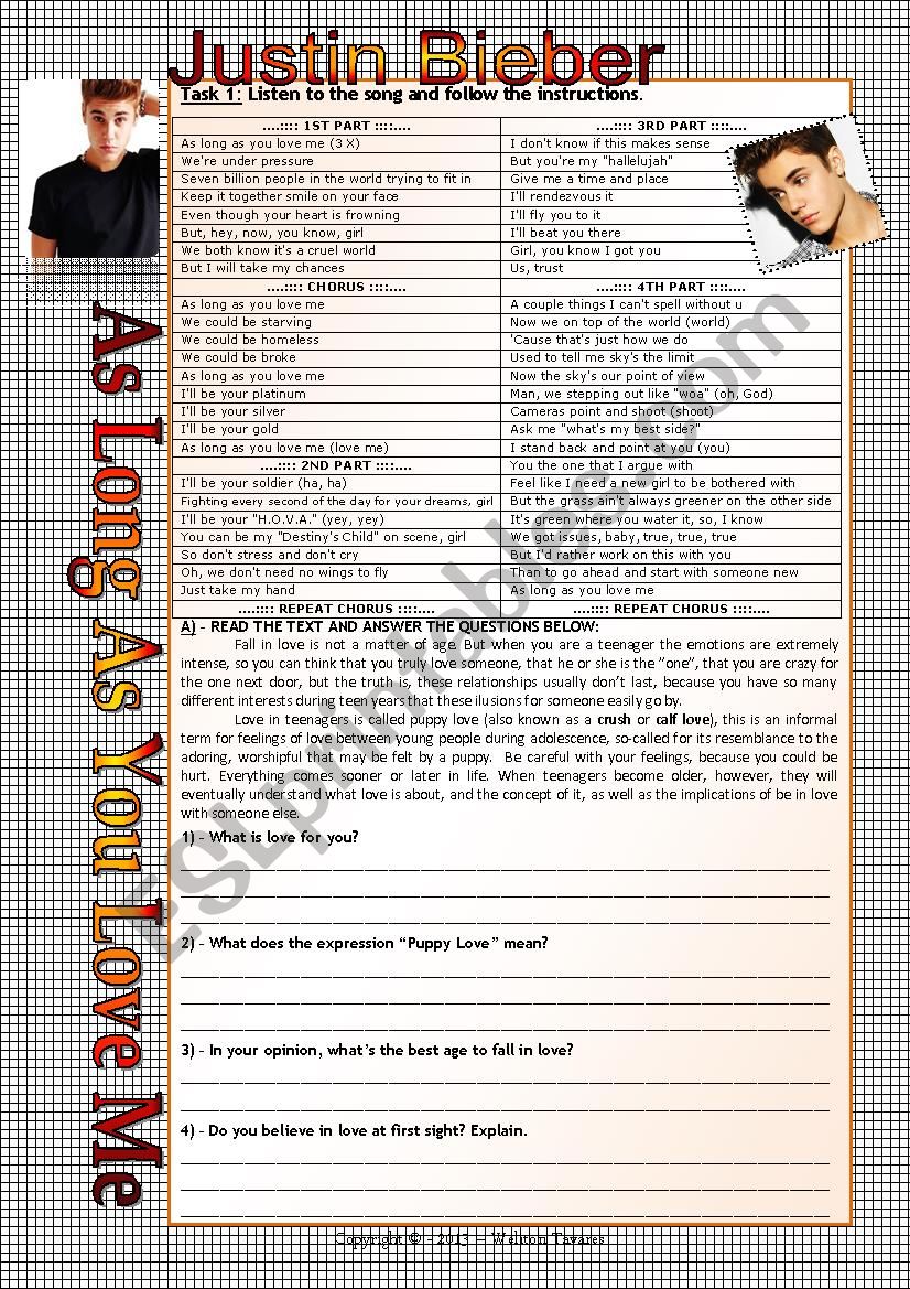 One time by Justin Bieber: English ESL worksheets pdf & doc