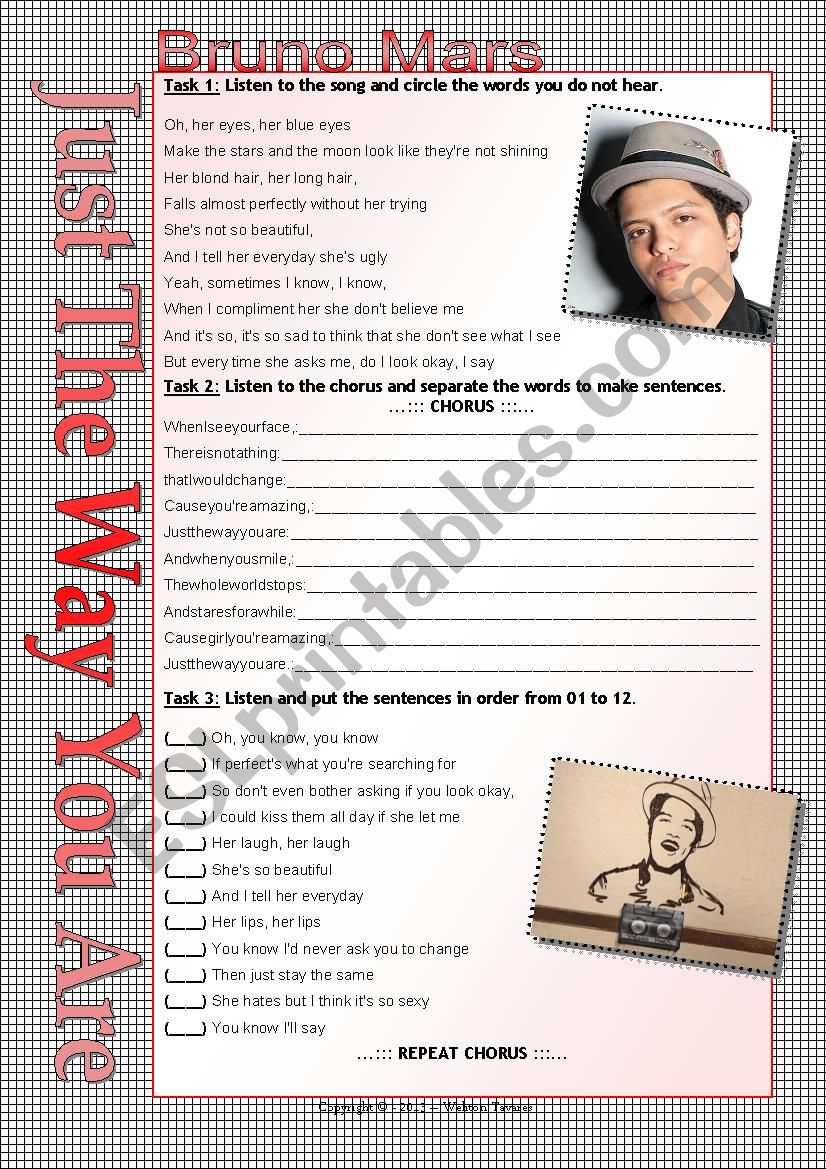 ...:::SONG WORKSHEET:::... JUST THE WAY YOU ARE - BRUNO MARS