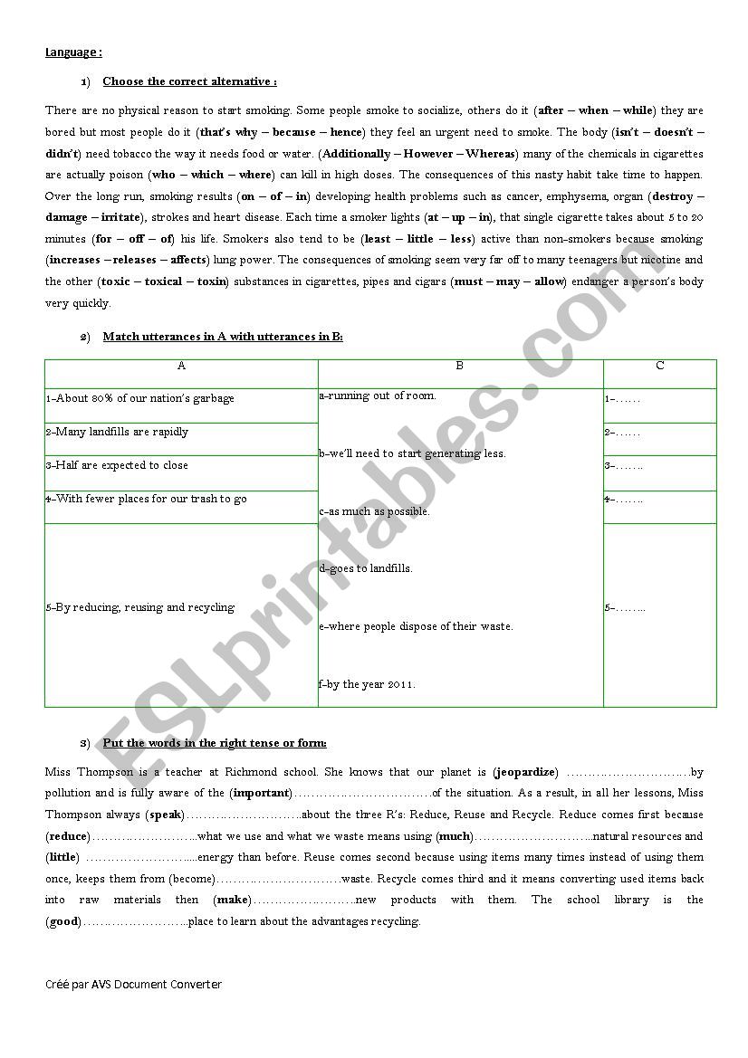 Language activities  worksheet