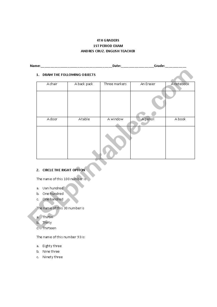 classroom objects, numbers, and personal questions exercises.