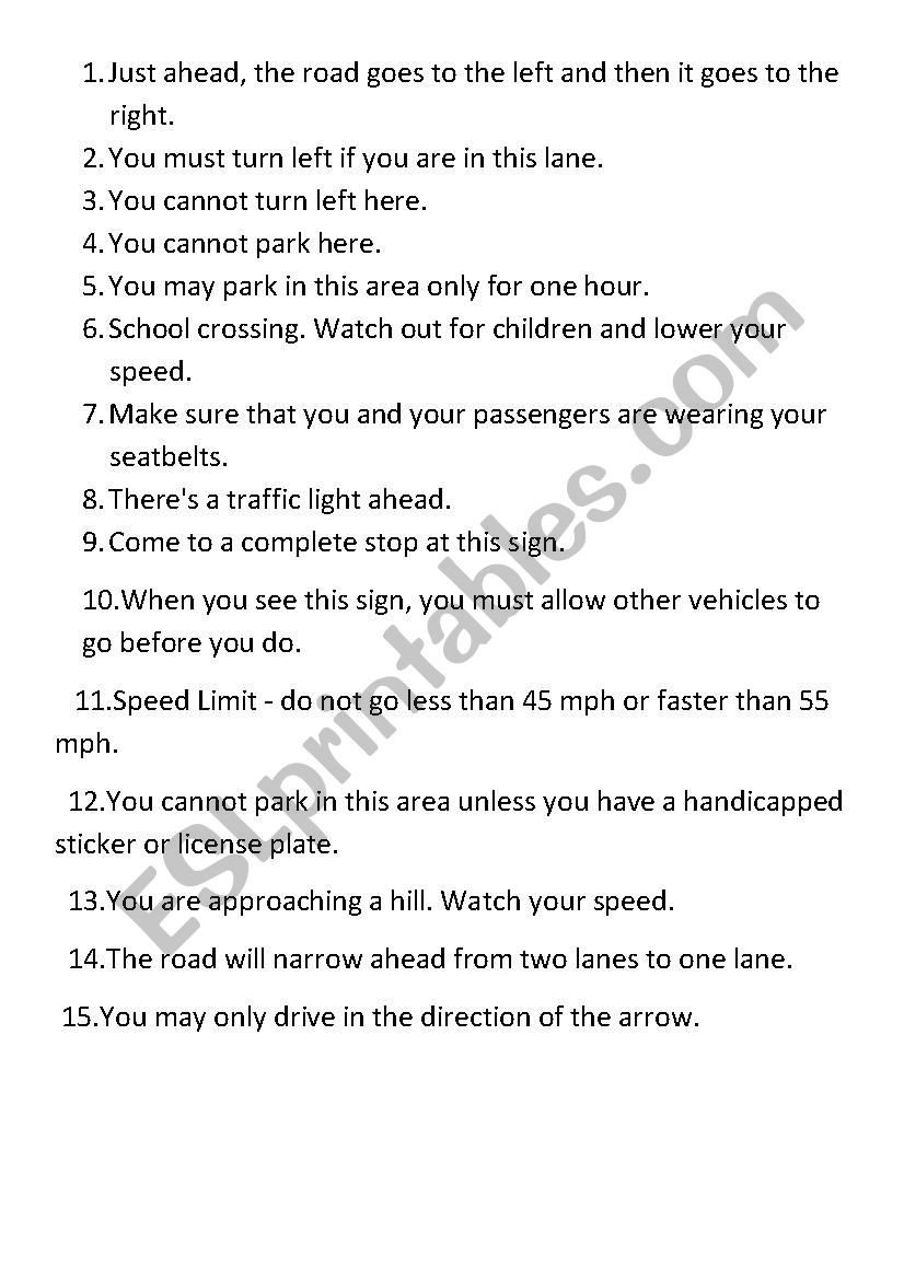 Listening activity, guesing Road signs from a description