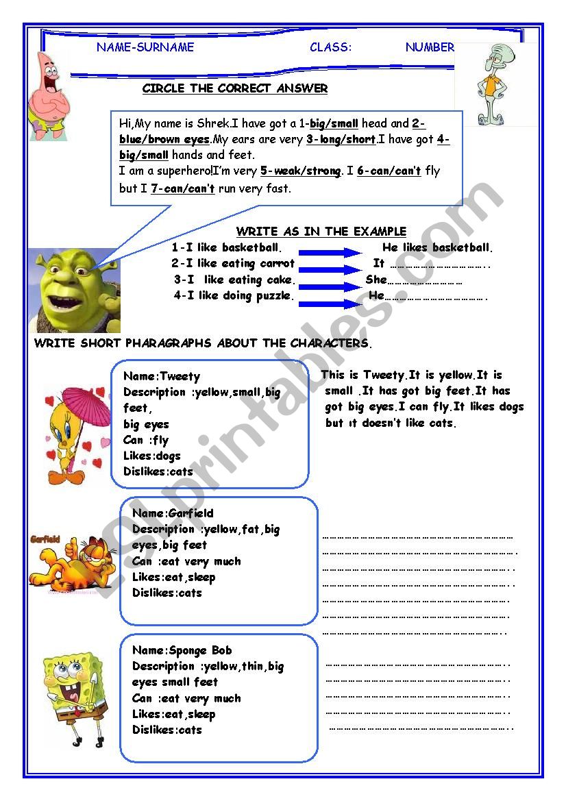 describing cartoon characters worksheet