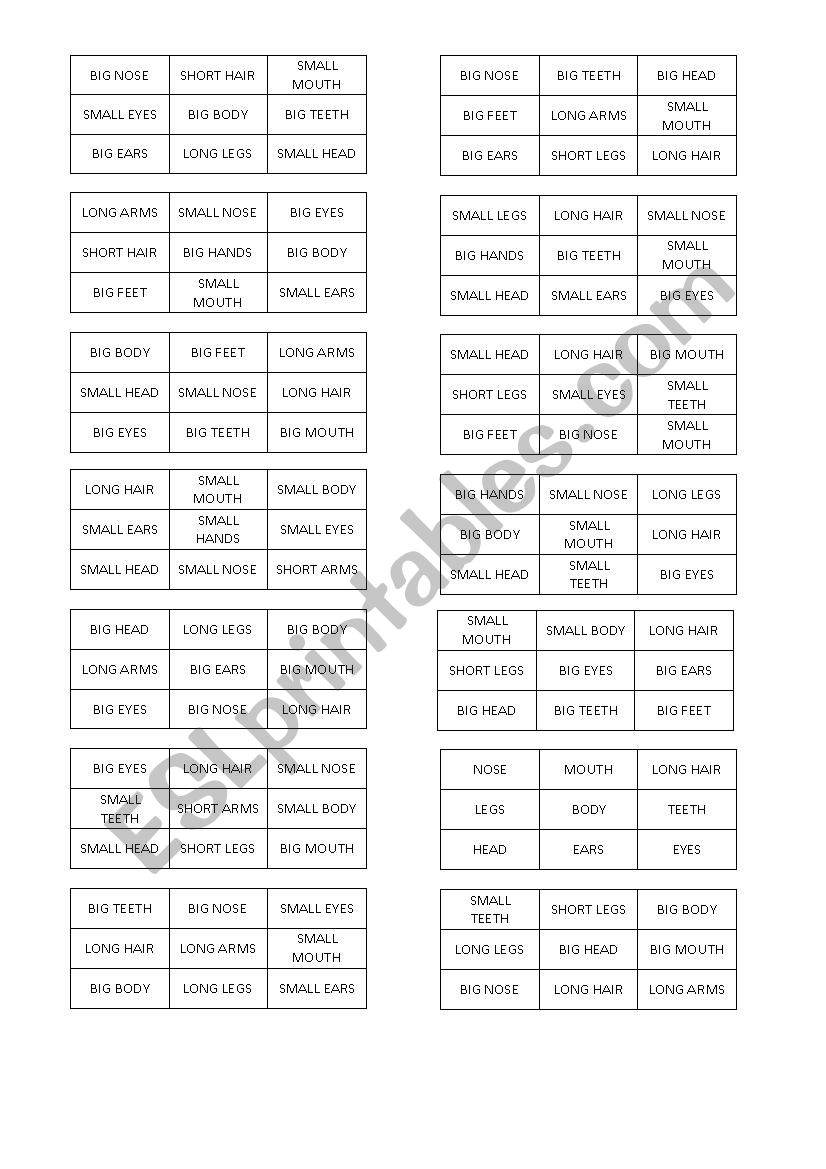 Bingo parts of the body + adjectives