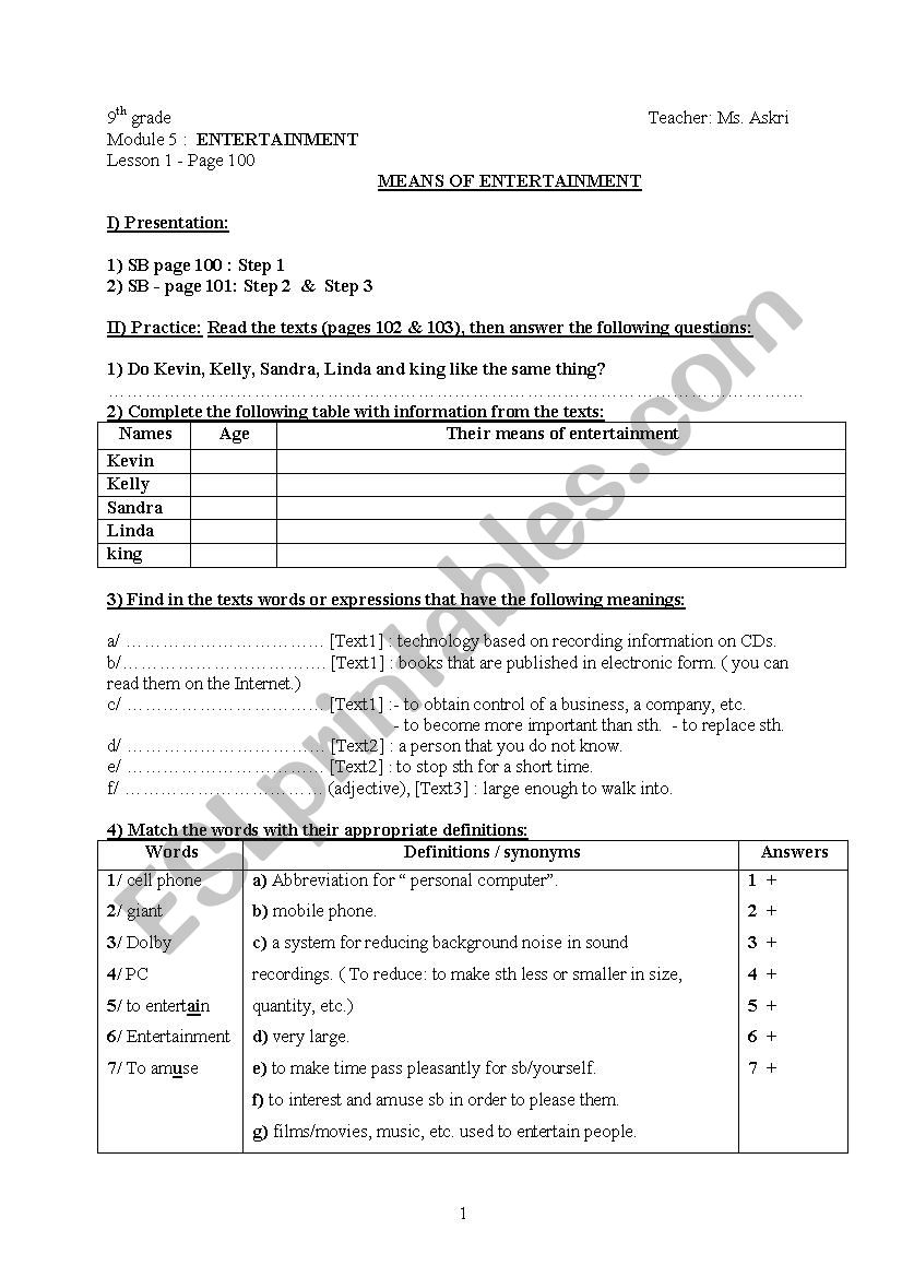 Means of Entertainment ( Lesson 1, Module 5, 9th grade)