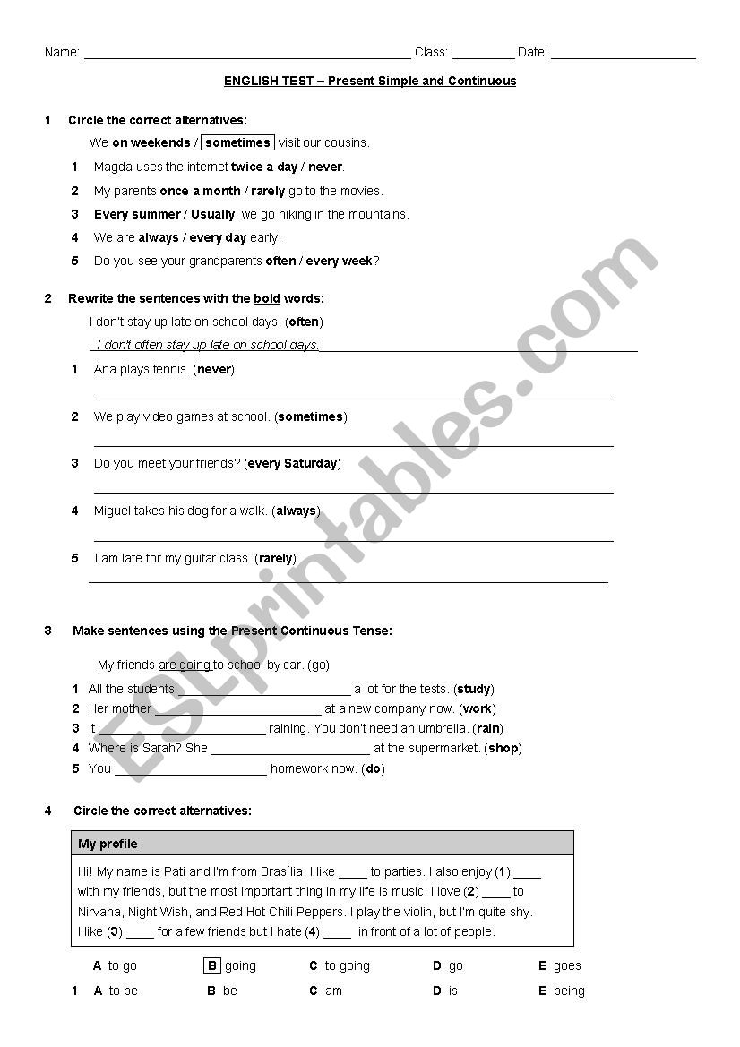 test about present simple and continuous